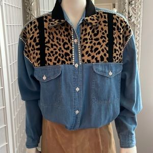 Western Denim Rhinestone & Leopard Shirt Sz M
